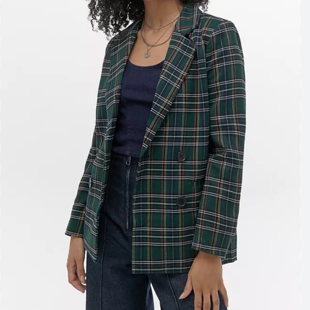 Urban Outfitters Green and Navy Plaid Double-Breasted Blazer